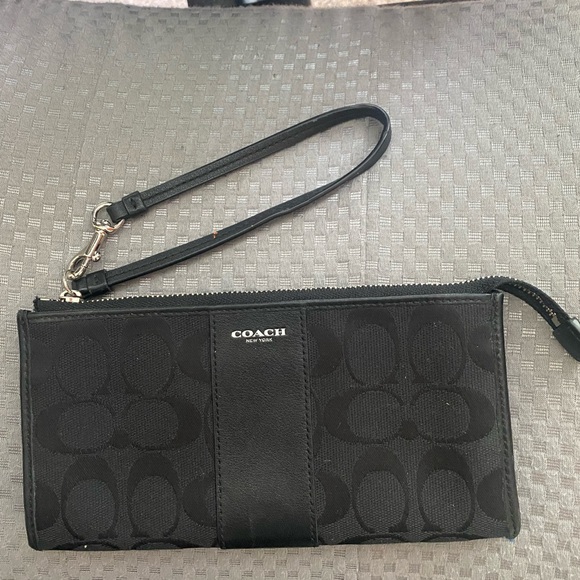 Coach Signature Wristlet with Leather Trim Black NWOT 7 1/2” L x 4 1/2” H - Picture 1 of 8